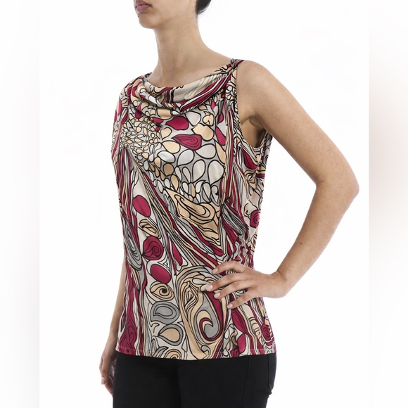Poleci S European 100% silk Abstract design sleeveless short sleeve blouse top